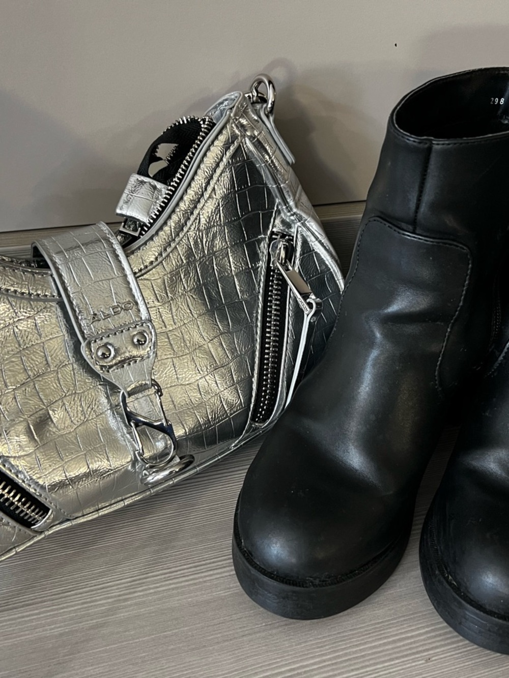 ALDO Silver Croc-Embossed Shoulder Bag with Black Ankle Andrea Booties
